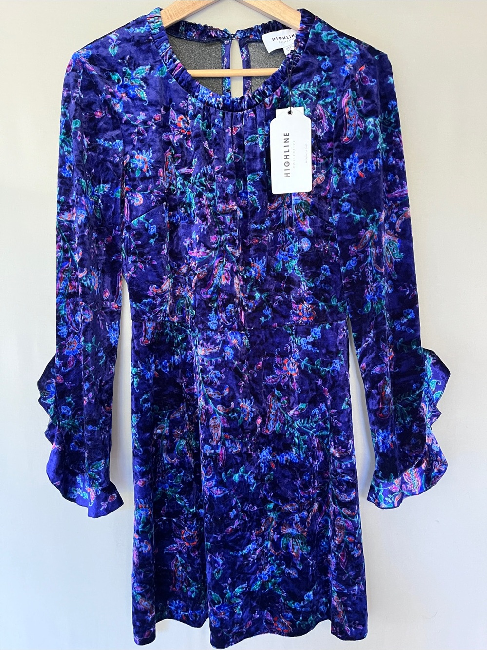 Highline Collective Purple Floral Stretch Velvet Dress Ruffle Bell Sleeves